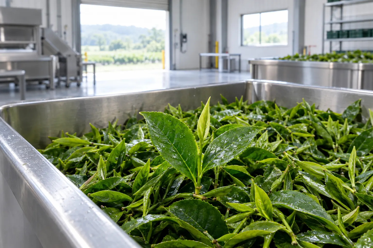 Freshly harvested green tea shoots in a stainless steel tote in the processing shed