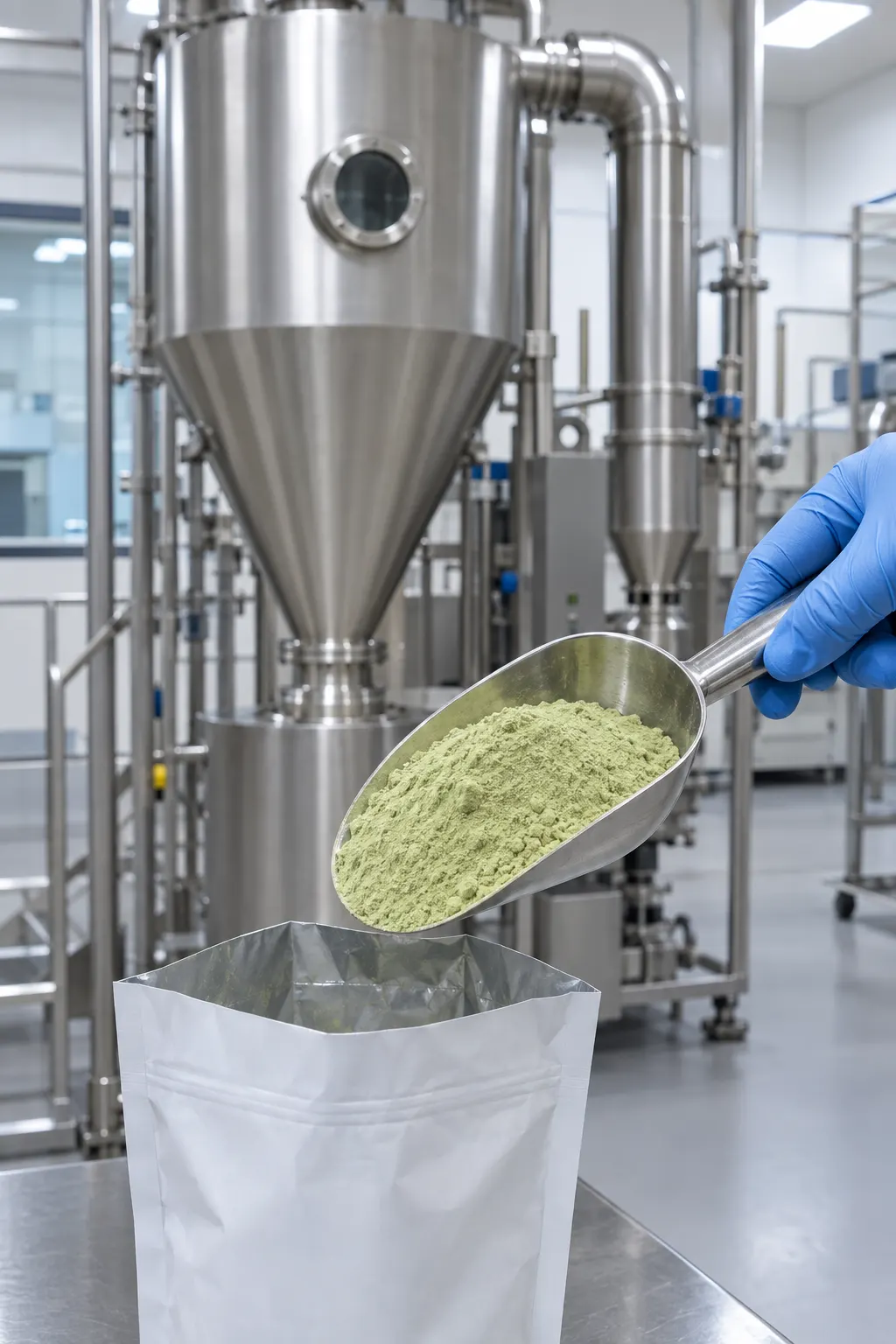 Pale green spray-dried extract powder in a stainless steel scoop in front of a spray dryer